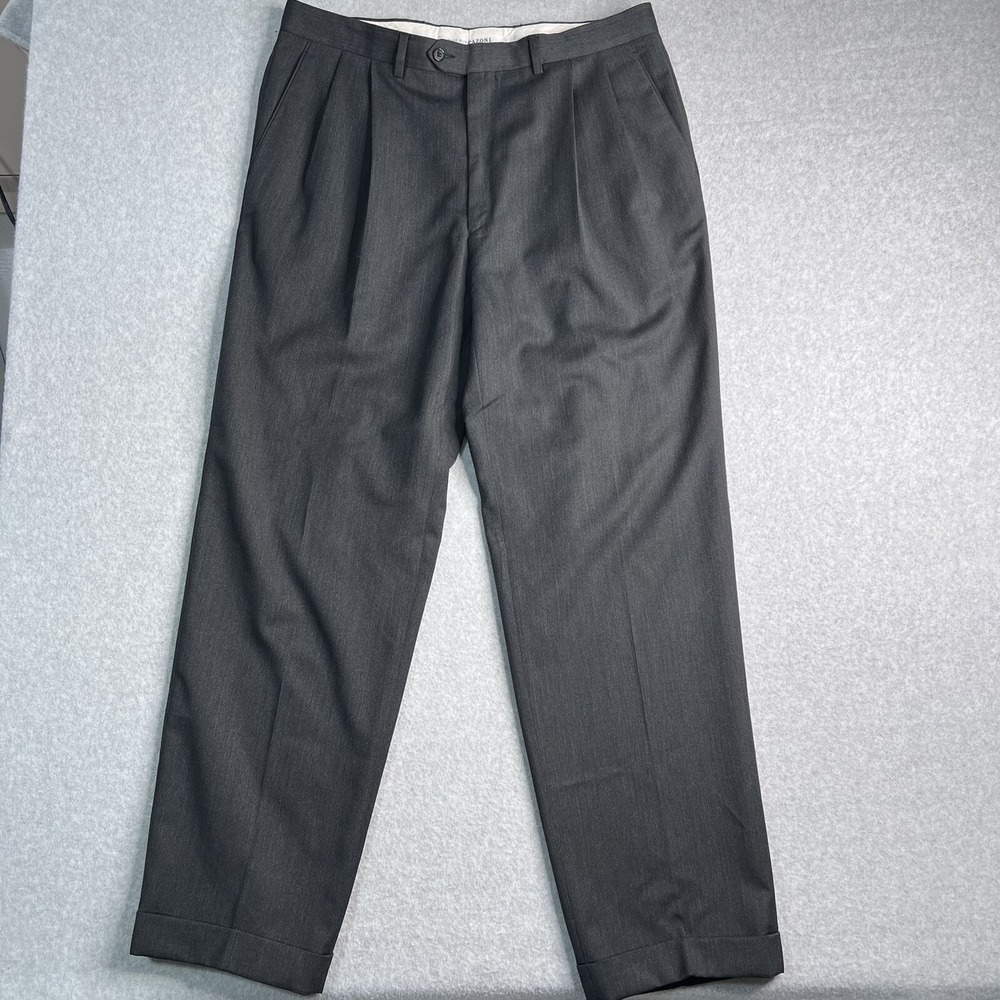 Pazoni Wool Dress Pants Mens 36x31.5 Pleated Cuffed Hem Italy Dark Gray‎